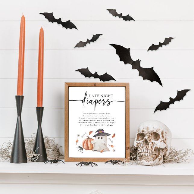 Affiche Couches de nuit d'Halloween (Halloween Late Night Diapers Game Sign A Little Boo Is Almost Due Ghost Pumpkin Baby Shower)