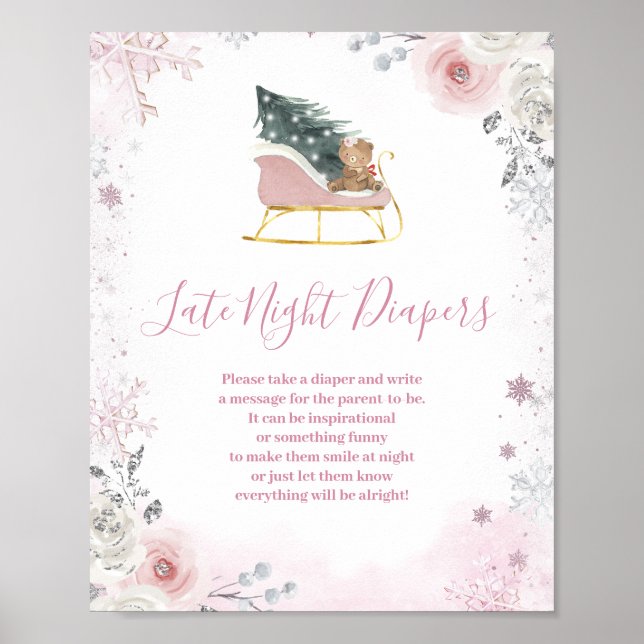 Affiche Couches de nuit flocon de neige rose hiver (Devant)
