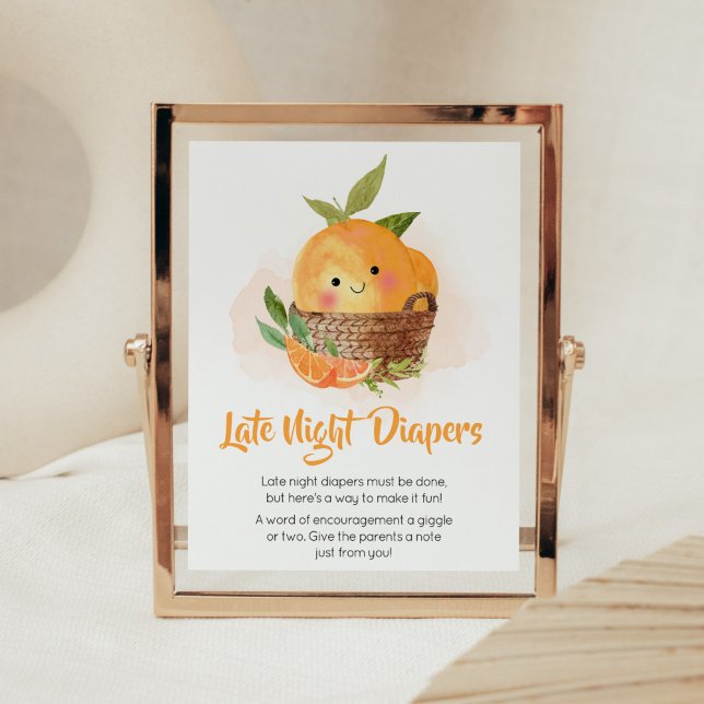 Affiche Couches de nuit Little Cutie Orange Citrus (Little Cutie Orange Citrus Baby Shower Late Night Diapers Sign)