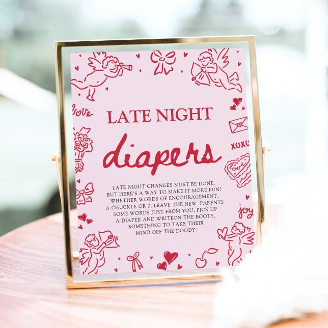 Affiche Couches de nuit pour bébé fille rose rouge Saint-V (Pink Red Valentine Baby Shower Late Night Diapers Game Sign)