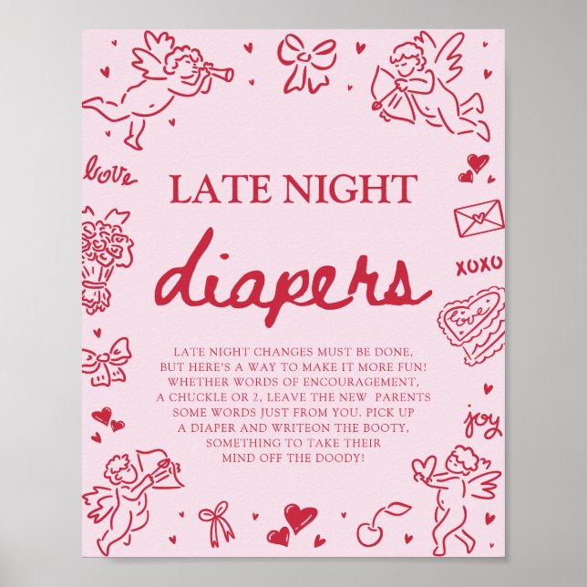 Affiche Couches de nuit pour bébé rose rouge Saint-Valenti (Devant)