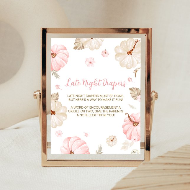 Affiche Couches de nuit pour petite citrouille rose douce (Girl Fall Pumpkin Baby Shower Late Night Diapers Sign)