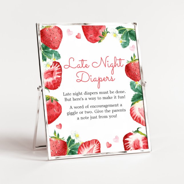Affiche Couches de nuit sucrées à la fraise (A Berry Sweet Strawberry Baby Shower Late Night Diapers Sign)