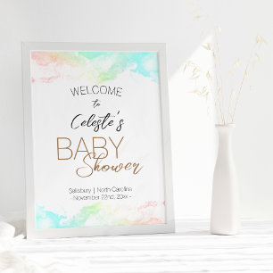 Affiche Couleur arc-en-ciel nuages Baby shower blanc Bienv