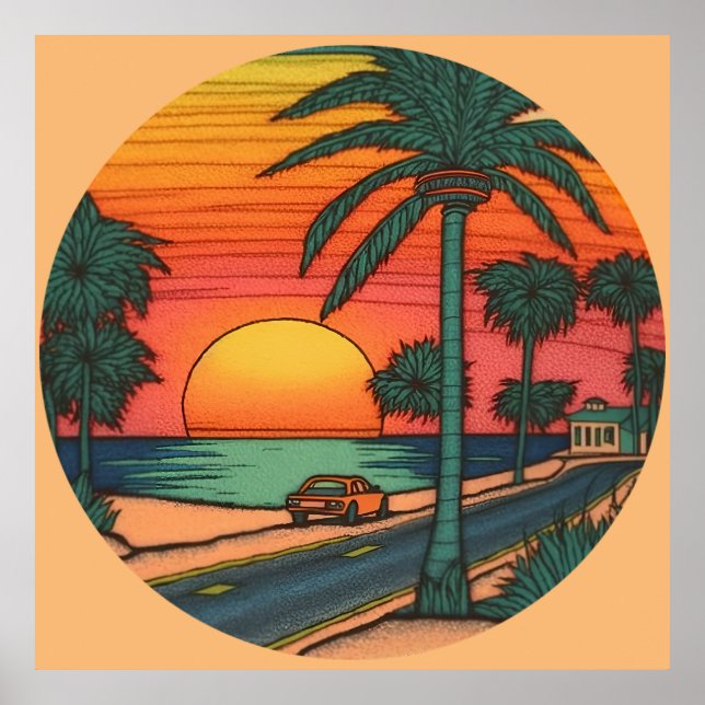 Affiche Couleur crayon d'un coucher de soleil rond de plag (Devant)