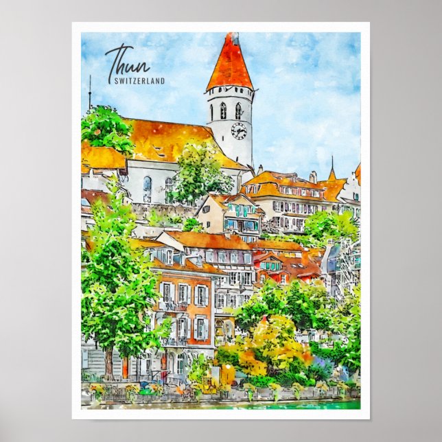 Affiche Couleur d'aquarelle de voyage du vin Thun Switzerl (Devant)