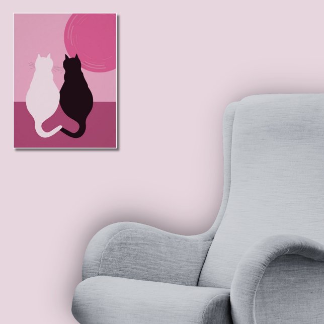 Affiche Couleur de Chat Noir & Blanc À Coucher De Soleil R (Cute Black & White Cat Pair At Pink Sunset Poster, Reading Corner)