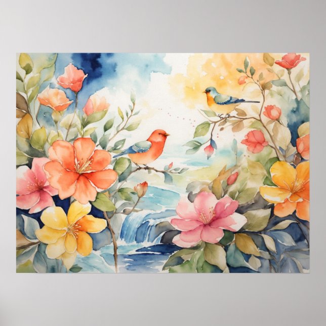 Affiche Couleur de l'eau avec oiseaux et fleurs (Devant)