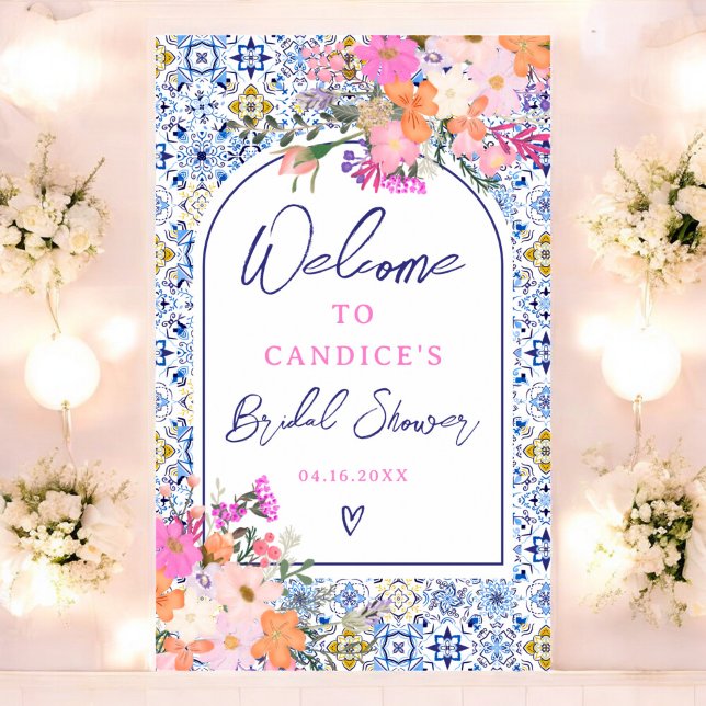 Affiche Couleur d'eau bleu italien bienvenue à la nuptiale (Italian blue tile watercolor floral bridal welcome poster)