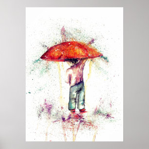 Affiche Couleur d'eau de pluie pour garçon et parapluie