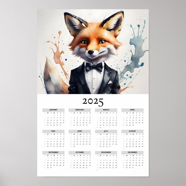 Affiche Couleur d'eau Fox portant un calendrier mural Tuxe (Devant)