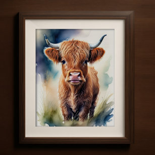 Affiche Couleur d'eau mignonne Peinture d'une vache des Hi