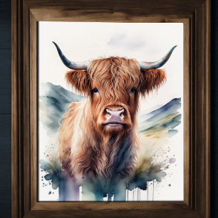 Affiche Couleur d'eau mignonne Peinture d'une vache des Hi