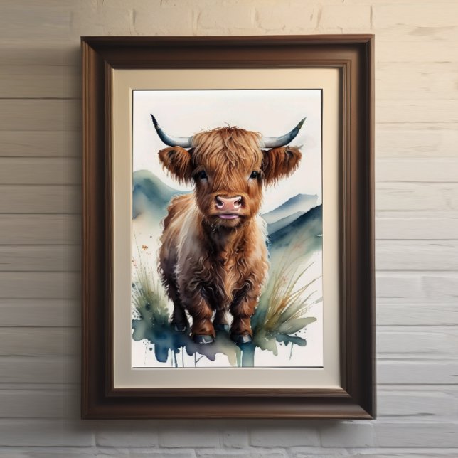 Affiche Couleur d'eau mignonne Peinture d'une vache des Hi (Créateur téléchargé)