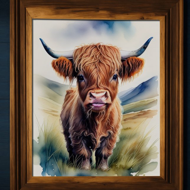 Affiche Couleur d'eau mignonne Peinture d'une vache des Hi (Créateur téléchargé)