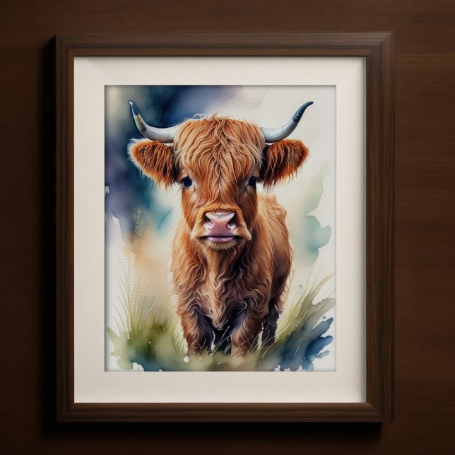 Affiche Couleur d'eau mignonne Peinture d'une vache des Hi (Créateur téléchargé)