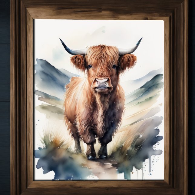 Affiche Couleur d'eau mignonne Peinture d'une vache des Hi (Créateur téléchargé)