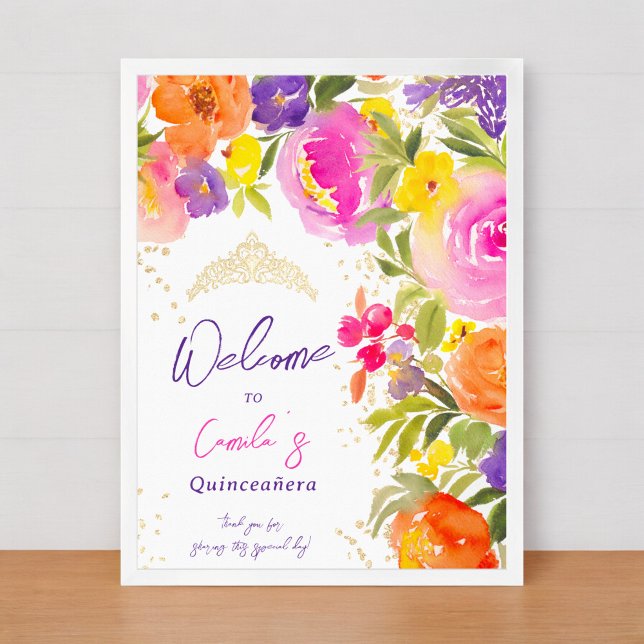 Affiche Couleur d'eau rose et florale Quinceanera bienvenu (Pink summer floral watercolor Quinceanera welcome Poster)