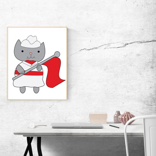 Affiche Couleur Garde Chat Rouge Blanc (This poster features a cute gray cat wearing a red and white color guard uniform.)