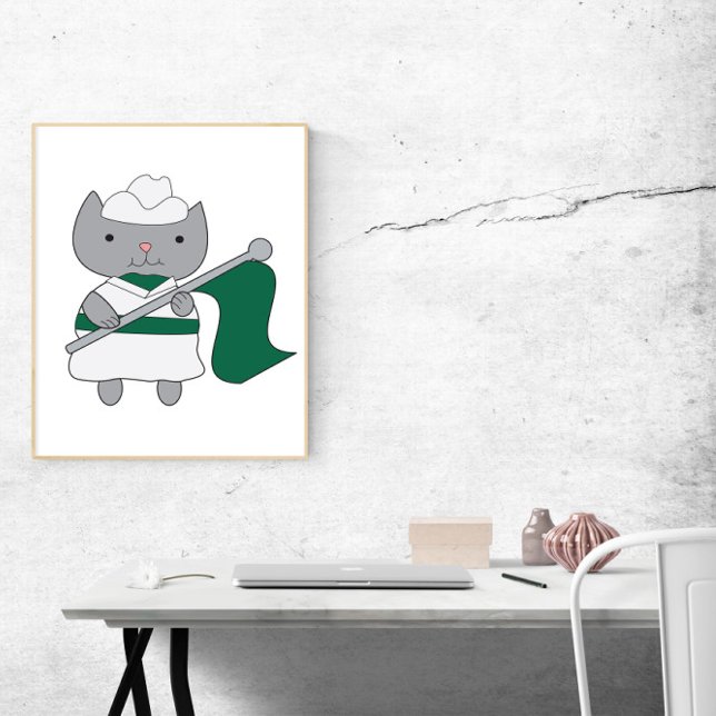 Affiche Couleur Garde Chat Vert et Blanc (A poster of a gray cat in a green and white color guard uniform with a green flag.)