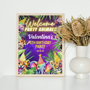 Affiche Couleur Neon Llow Safari Party Animaux Bienvenue