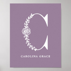 Affiche Couleur personnalisée Monogramme Floral Lettre C N