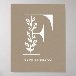 Affiche Couleur personnalisée Monogramme Floral Lettre F N