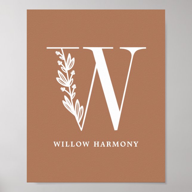 Affiche Couleur personnalisée Monogramme Floral Lettre W N (Devant)