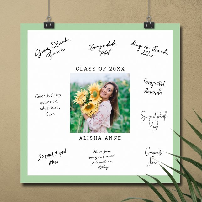 Affiche COULEUR PERSONNALISÉE Photo Graduation Signature M (Graduation autograph photo poster with light green border, INSTANT DOWNLOAD and/or PRINTED)