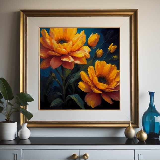 Affiche Couleur vive Fleurs orange jaune sur bleu 1:1 (Créateur téléchargé)