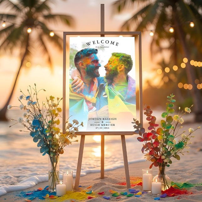 Affiche Couleurs arc-en-ciel simples Mariage LGBT engagé c (Simple Rainbow Colors LGBT Design with Engaged Couple Photo.)