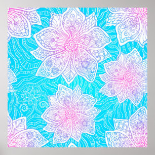 Affiche Couleurs bleues et roses ornementent fleurs transp