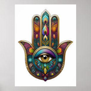Affiche Couleurs de paon Hamsa avec Troisième Œil en or