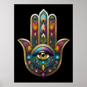 Affiche Couleurs de paon Hamsa avec troisième œil en or