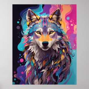 Affiche Couleurs néons de loup gris coloré