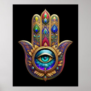 Affiche Couleurs Paon Doré Hamsa Saphir Vert Troisième Œil