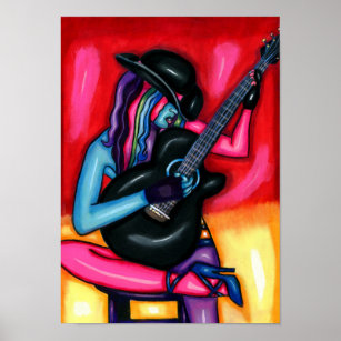 Affiche Country Girl Jouer Guitare Art Abstrait