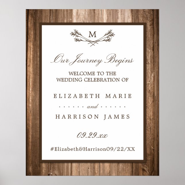 Affiche Country Rustic Monogram Branche & Mariage bois (Devant)