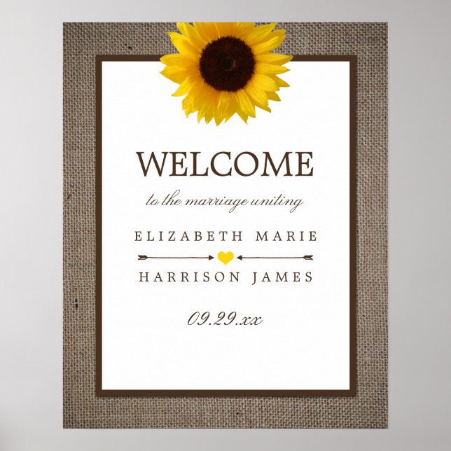 Affiche Country Rustic Sunflower & Burlap Mariage Bienvenu (Devant)