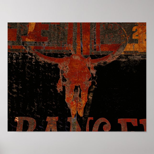 Affiche Country Western Bull Skoule Script de rouille Vint (Devant)