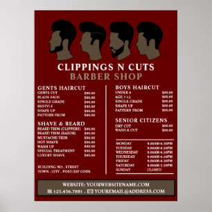 Affiche Coupe de cheveux, Liste de prix des barbiers pour