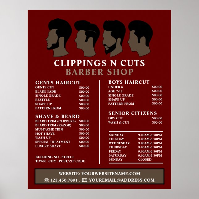 Affiche Coupe de cheveux, Liste de prix des barbiers pour  (Devant)