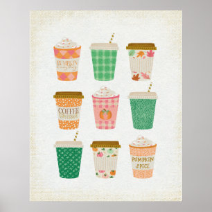 Affiche Coupes de café d'automne   Latte d'épices Citrouil