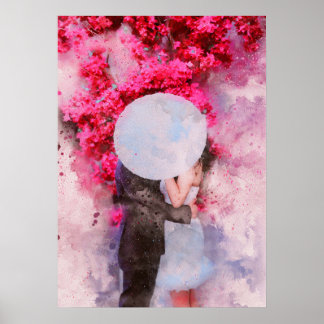 Affiche couple baiser parapluie floral aquarelle peinture