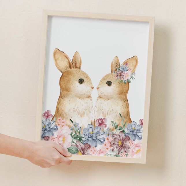 Affiche Couple Bunny Fleur Bois Coiffure (Couple Bunny Flower Woodland Nursery Decor)
