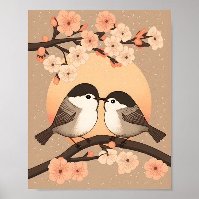 Affiche Couple Chickadee Couple Kissing coucher de soleil (Devant)