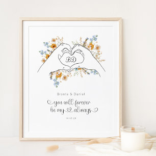 Affiche Couple Coeur Mains Floral Line Art