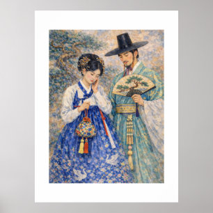 Affiche Couple Coréen Timide en Hanbok – Romantique Est-As