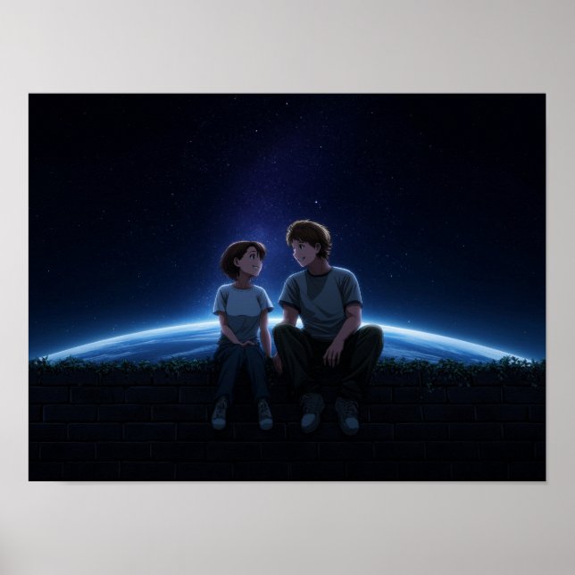 Affiche Couple d'anime romantique assis sous un cosmos éto (Devant)