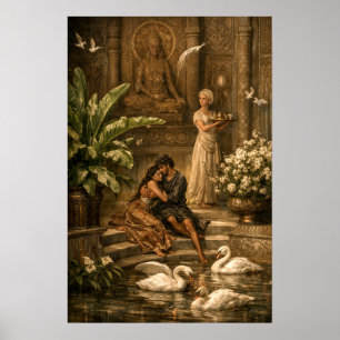 Affiche Couple dans le jardin des cygnes rétro orientalism